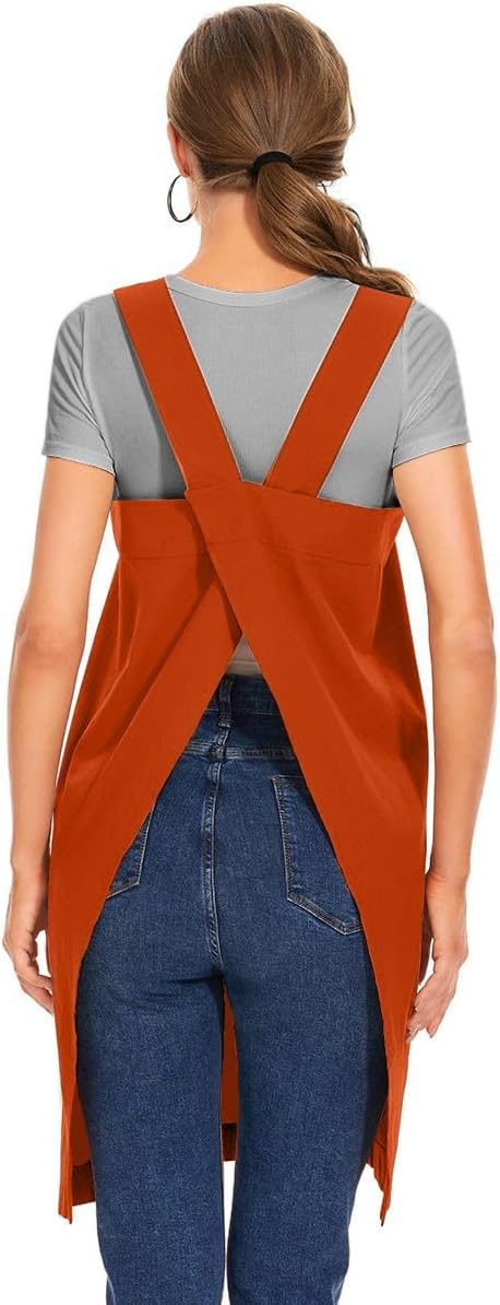 Larmliss Women's Cotton Cross Back Apron Pinafore Dress with Big Pockets Loose Square Apron for Baking Cooking Gardening