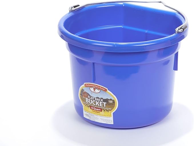 Little Giant® Flat Back Plastic Animal Feed Bucket | Animal Water and Feed Bucket with Metal Handle | 8 Quarts | Blue