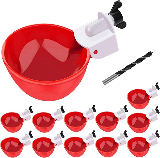 Chicken Waterer Cups, 12 Packs Red Large Chicken Watering Cups, Automatic Chicken Water Cups, Tee Fittings Poultry Feeder Cups Suitable for Chicken, Duck, Goose, Turkey with Mounting Hole Opener