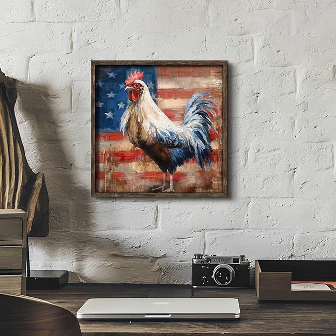Rooster Wooden Wall Art Decor: Farm Animal Picture Country Cock Flag Framed Artwork Farmhouse Chicken Painting is the Perfect Combination of Energy Nature for the Kitchen Country House Bedroom 12"x12"