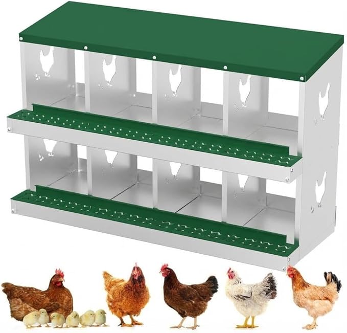 Chicken Nesting Box,8 Holes Galvanized Steel Metal Chicken Laying Box with Automatic Roll-Away Egg Collection System & Removable Tray,Wall Mount Nesting Boxes
