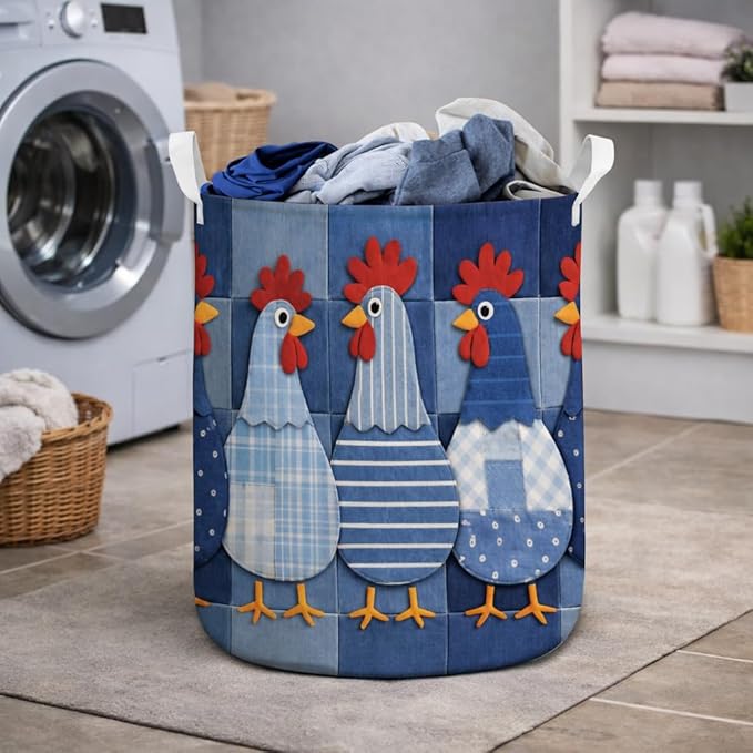Denim Patchwork Chicken Laundry Basket, Farm Chicken Quilt Landscape Laundry Hamper, Country Farm Fabric Clothes Storage Bin, Rustic Farmhouse Room Organizer, Vintage Farm Animal Home Decor