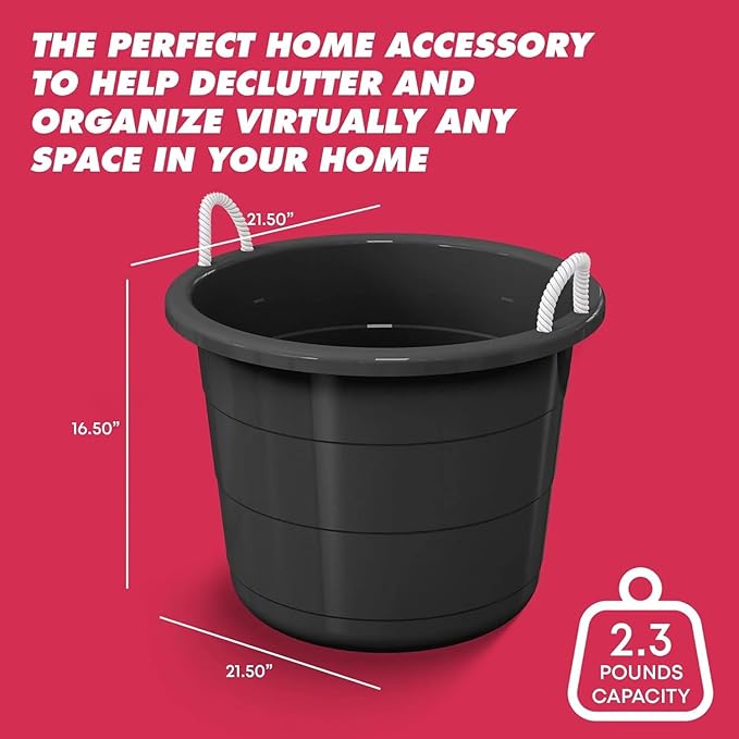 17 Gallon Heavy Duty Utility Tub, Flexible Plastic Storage Bucket with Comfortable Rope Handles, Multipurpose Black Container for Construction, Gardening, Cleaning, Car Wash and Farm Use