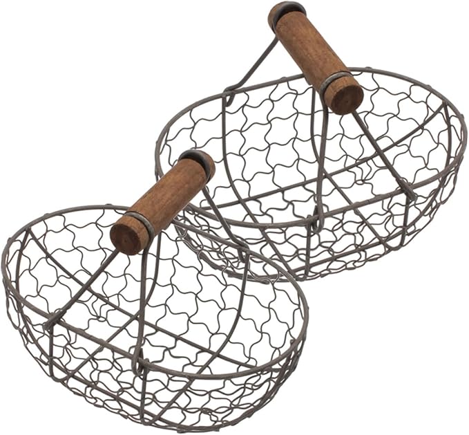 2pcs Vintage Rustic Iron Fruit Basket with Wooden Handles, Gray-black Metal Storage Basket for Kitchen, Egg Collecting and Snack Organization, Farmhouse Style Household Container