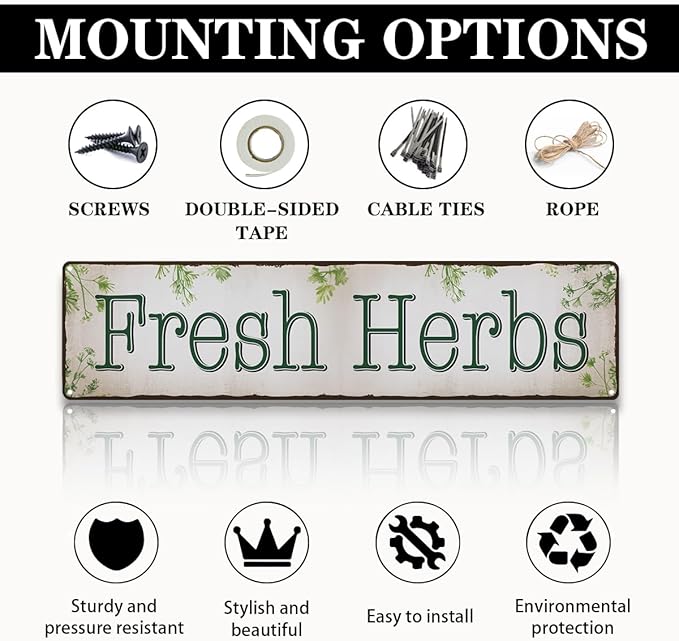 Rustic Farmhouse Wall Art, Fresh Herbs Vintage Metal Tin Sign for Home Kitchen Decor, Botanical Garden Plaque for Balcony, Greenhouse or Patio, Weather-Resistant, 15.8 x 4 Inch