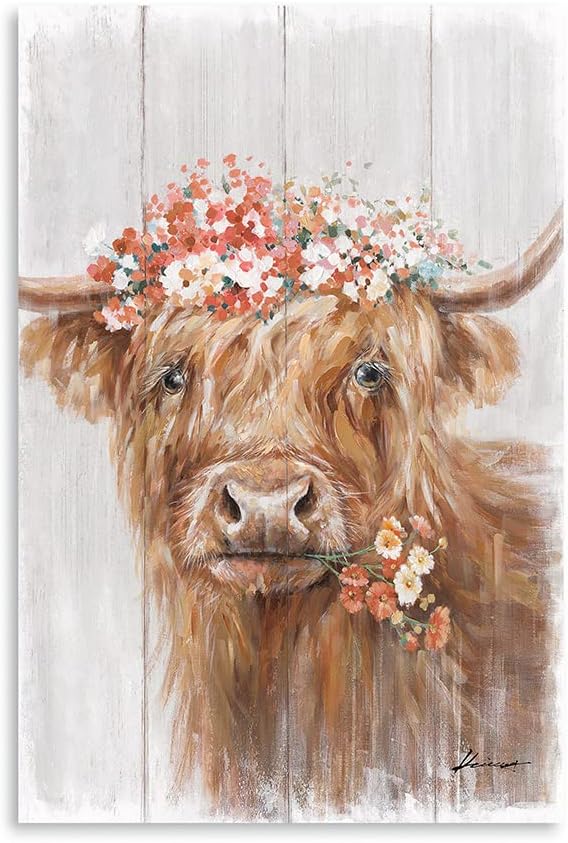 Highland Cow Canvas Farmhouse Decor: Funny Cow Wall Art with Flowers Staring at You Rustic Farm Wood Planks Unique Cattle Posters for Bathroom Framed Size 16"x24"