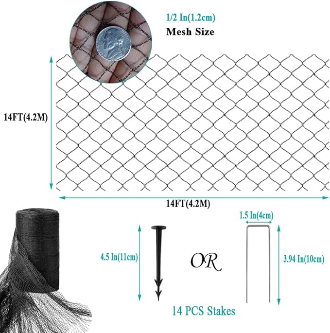 Koi Pond Netting for Leaves 14x14 Ft, 1/2 in Strong Woven Fine Mesh Pond Leaf Net Cover, Protecting Koi Fish from Herons, Raccoons, Birds, Cats & Predators, 14 Pcs Stakes Included