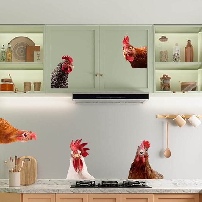 SUPERDANT Funny Rooster Wall Decals Farmhouse Cabinet 5pcs Chicken Wall Stickers Kitchen Outside Chicken Coop Farm Animals Wallpaper Art Realistic Style Peel and Stick Removable Farm Decoration