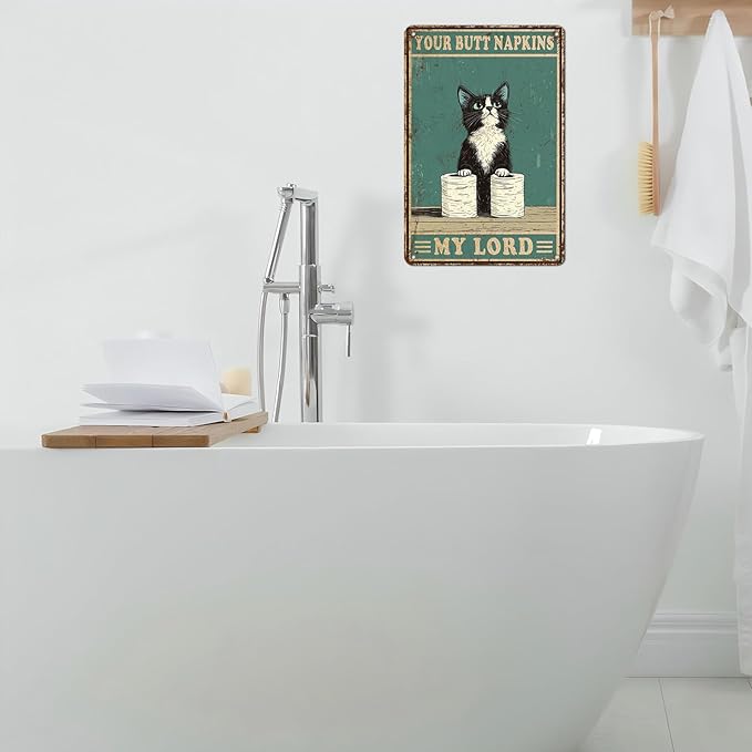 Funny Cat Vintage Metal Tin Sign Your Napkin My Lord for Bathroom Wall Decor 12 * 8inch