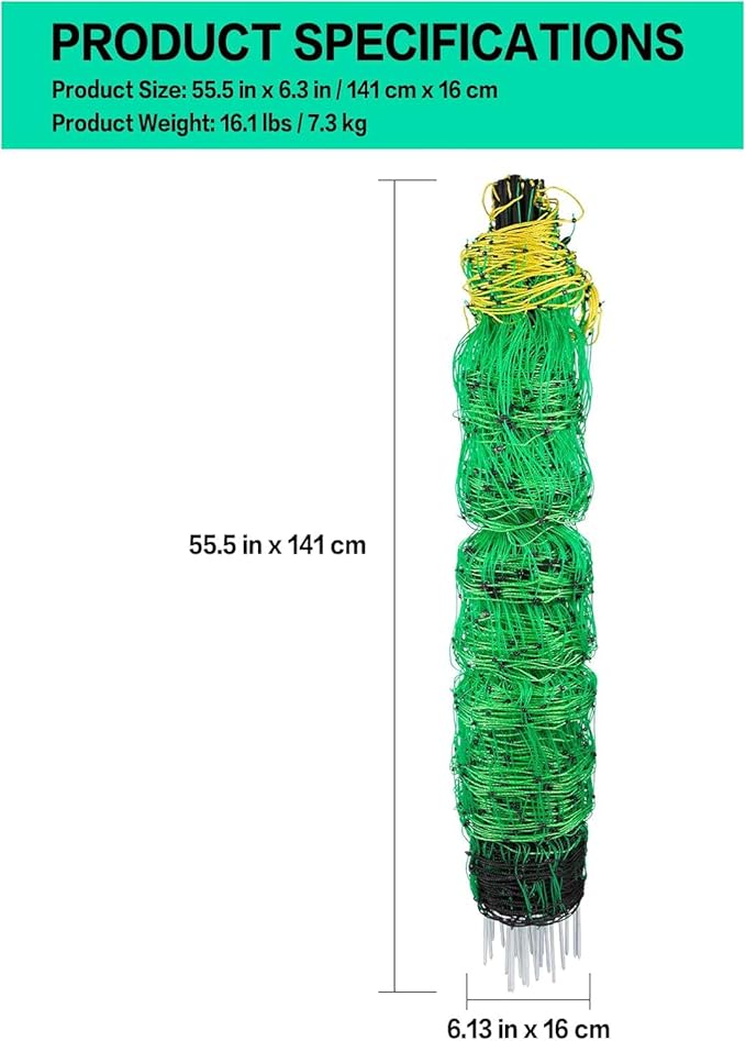 Electric Poultry Netting, 49.6" H x 164' L, Electric Chicken Fence with 14 Posts Double Spiked, Utility Portable Mesh for Chickens Sheep Hogs Goats Deer Dogs Lambs Used in Backyards Farms Ranches