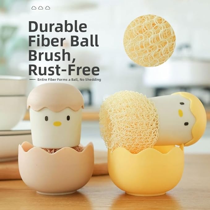 Eggshell Chicken Style Scrubber Brush with ForNano Fiber Cleaning Ball for Kitchen Cleaning of Pots, Pans, and Dishes Featuring Comfortable Handle and Compact Shape (2pcs-Yellow)