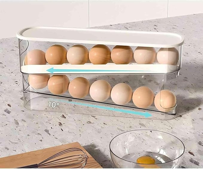 2pcs Auto Rolling Egg Holder for Fridge, Egg Dispenser/Organizer/Storage/Container with Lid for Refrigerator, Sturdy and Durable Space-Saving Egg Tray for 12 Large Eggs