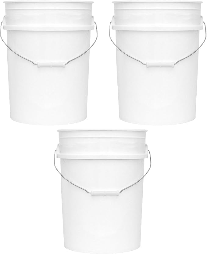 5-Gallon Bucket Only – No Lid Included, Made in USA, Food Grade BPA Free Plastic, Heavy Duty Multi-Use, Metal Handle with Grip, Stackable Storage – White, 3 Pack