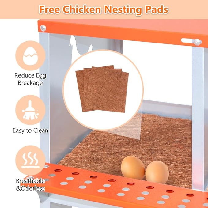 Wall-Mounted Metal Nesting Box for Chickens and Ducks – Galvanized Steel Construction with Ventilation & Easy Egg Access (3-Orange)