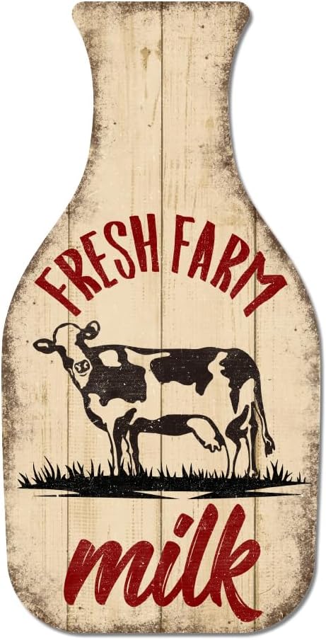 GLOBLELAND "Fresh Farm Milk" Vintage Metal Tin Sign 10.6x5.4inch Retro Milk Bottle Plaque Poster Cow Metal Wall Decorative Tin Signs for Home Kitchen Restaurant Coffee Shop Club Bar Decoration