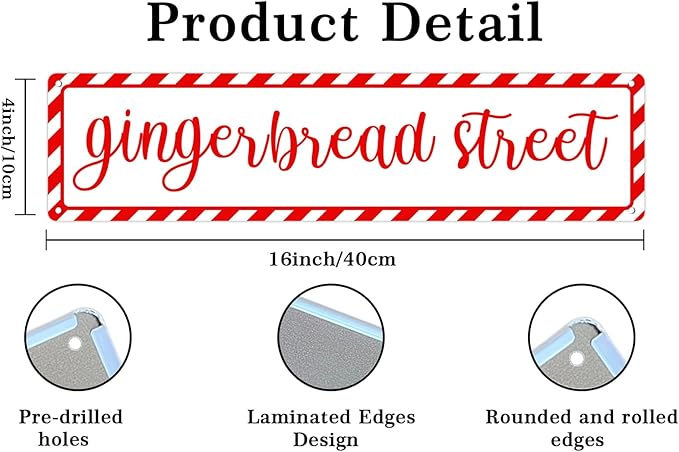 Gingerbread Street Christmas Metal Sign Vintage Print Art Poster Tin Plaque for Home Farmhouse Kitchen Patio Yard Cafe Bar Front Door Wall Decor 4x16 Inch