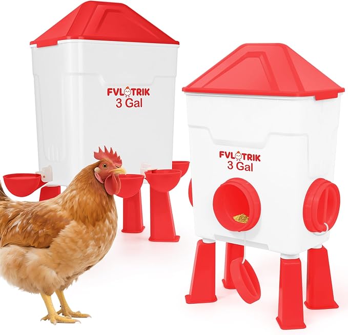 3 Gallon Chicken Waterer and Feeder Set with Legs, 2.75' Watering Cups & 3.5" Feed Ports for Large Beaks, Automatic No-Waste Feeders and Waterers, Easy No-Tools Assembly