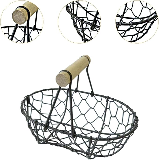 Metal Wire Egg Basket, Iron Storage Basket Farmhouse Kitchen Organizer Rustic Retro Vegetables Basket Oval for Tabletop Home, Black