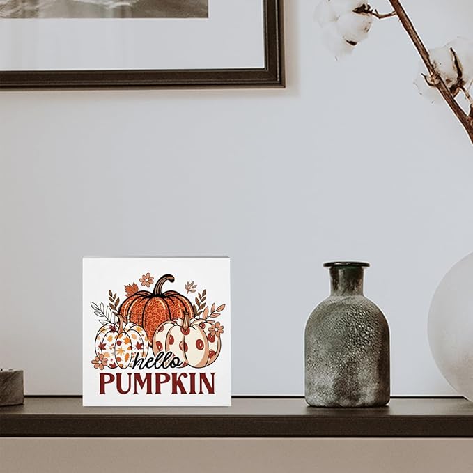 Fall Decorations for Home Farmhouse Office Bedroom Living Room, Pumpkins Decor, Hello Pumpkin Sign, Autumn Decor Wood 2401