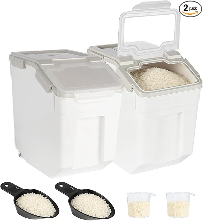 2 Pack Rice Container 50 lbs Large Bulk Flour Sugar Storage Holdhouse Plastic Grain Cereal Dry Goods Bin with Spoon and Measuring Cup for Kitchen Pantry Organization - Grey