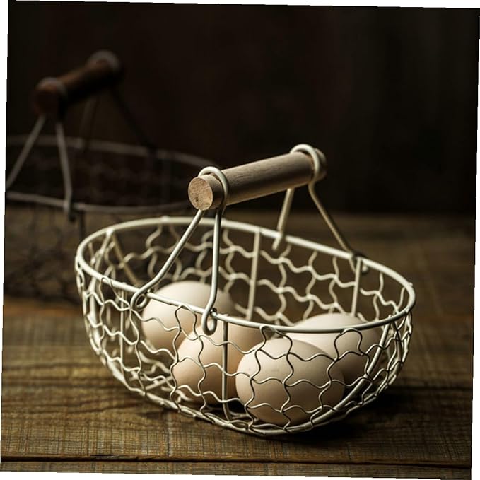 GALPADA 2pcs Retro Vintage Metal Fruit Basket with Wooden Handles, Kitchen Storage Organizer for Eggs, Bread, and Snacks, Farmhouse Style Food Container for Household Use