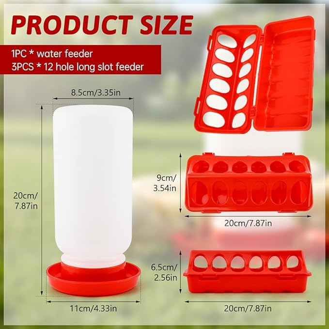 Chick Feeder and Waterer Set, 3 pcs 12 Hole Trough Feeders with Low-Spill Waterer for Baby Chicks or Ducklings Small Poultry, Brooder Coop Supplies Baby Chick Starter Kit (Color:Red)