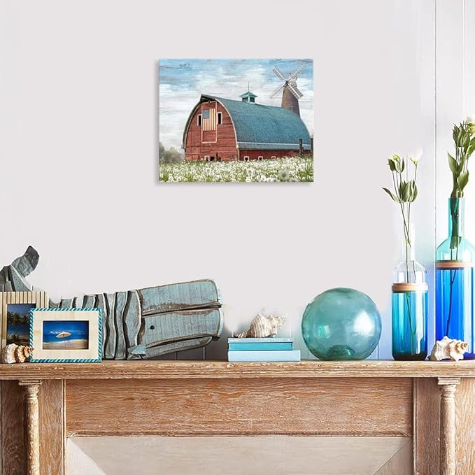 Woxfcart Rustic Red Barn Canvas Wall Art, Farmhouse Artwork with American Flag and Windmill Pictures for Bathroom Bedroom Wall Decoration, 15 x 12 Inch