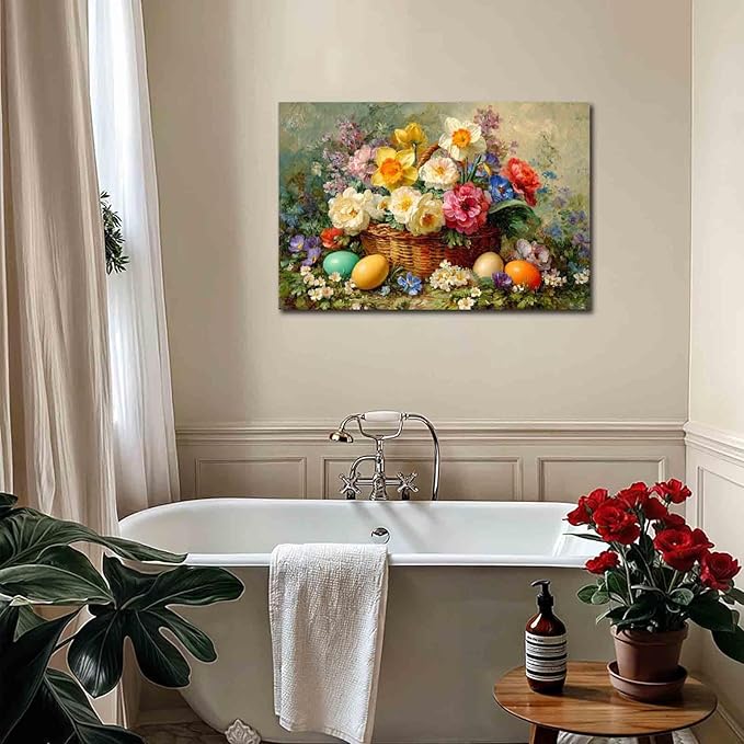 MNFGMH Easter Pictures Wall Decor Flower Baskets and Easter Eggs Spring Botanical Canvas Art Easter Pictures for Wall Farmhouse Style Artwork Wooden Frame 8x12 inch