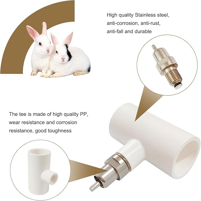 8Pcs Automatic Chicken Nipples Waterer Metal with 1/2'' PVC Tee Fittings for No Leak Rabbit Watering System (Stainless Steel, 8pcs)