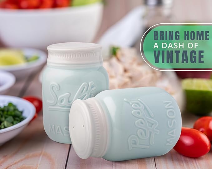 Comfify Mason Jar Salt & Pepper Shakers – Aqua Blue Ceramic – Rustic Shabby Chic Kitchen Decor