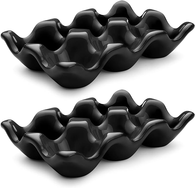 Flexzion Porcelain Egg Crate - 6-Egg Capacity Ceramic Egg Tray, Half Dozen Egg Holder for Fridge, Countertop Display - Black Decorative Serving Dish and Storage Organizer, 2 Pack