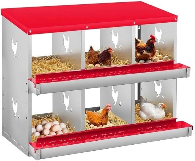 Nesting Boxes for Chickens, 6 Compartments, Nesting Boxes with 4 Dummy Eggs and 10 Dampproof Pets Mats, Red, Stainless Steel, Wall-Mountable & Roll Away Design