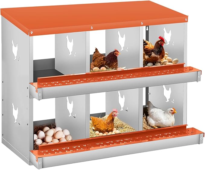 Garvee Space-Saving Metal Chicken Nesting Box - 6 Compartments, Wall Mounted, Roll Away, Easy Egg Collection, Orange Red, No Legs