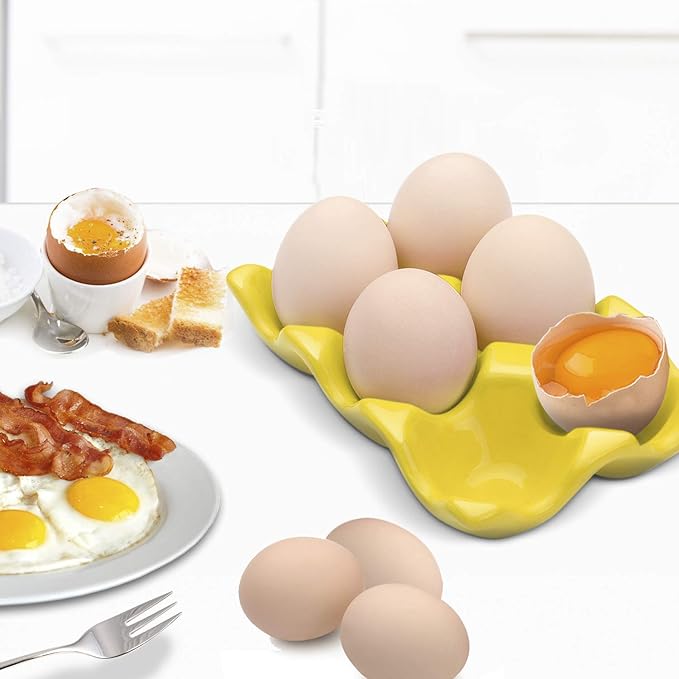 Flexzion Ceramic Egg Holder for Fridge - 6 Cups Egg Tray Half Dozen Porcelain Container Keeper Storage Organizer Decorative Serving Dish Serveware for Refrigerator Countertop Display Kitchen (Yellow)