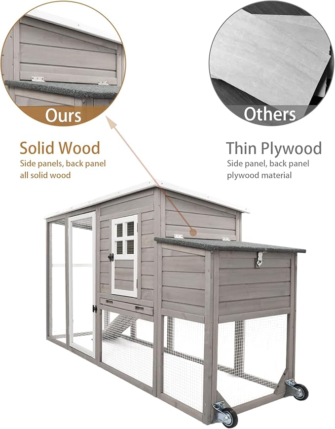 Chicken Coop Solid Wood with Large Run Cage 2 Stories - Asphalt Roof, Nest Box, Pu Wheels, Pole Chicken Perch