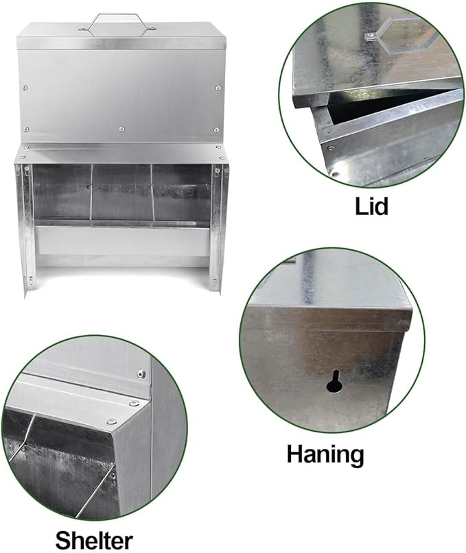 vensovo Galvanized Chicken Feeder - 25Lbs Outdoor Waterproof Metal Feeder with Lid, Coop Food Dispenser No Waste for Chicken, Haning or Stand