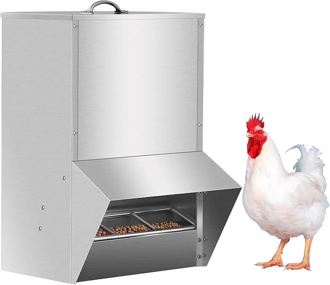 Galvanized Chicken Feeder, Poultry Feeders No Waste 30LBS Capacity, Rat Proof Hanging Chicken Feeder with Lid, Weatherproof Steel Outdoor Coop Food Dispenser for Chicken and Duck, Silver