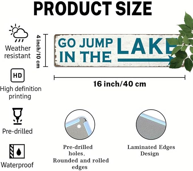 Go Jump in the Lake Metal Tin Sign Rustic Teal Lake Decor Wall Hanging for Farmhouse Lake House Bathroom Bedroom Entryway Vintage Style Wall Art 4x16 Inch
