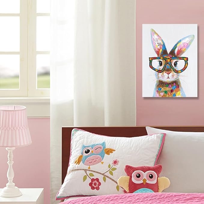 Yidepot Whimsical Colorful Rabbit Canvas Poster - Bunny Bedroom Wall Decor with Cute Glasses Pictures for Living Room 12"x16"