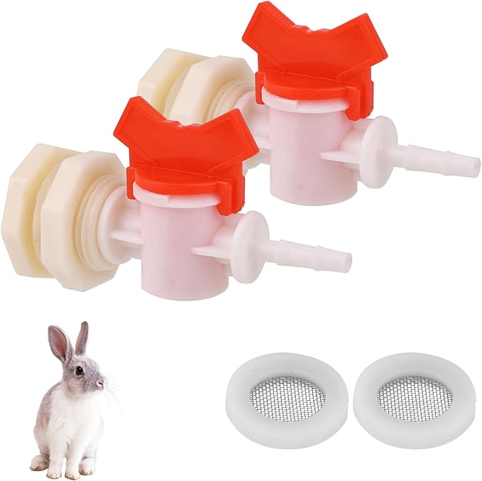 2pcs Rabbit Watering System Bucket Connector Kit to ID 5/16" Hose, with Bulkhead Fitting, Barb Ball Valve and Mesh Washer, Poultry Animal Water Dispenser Automatic Rabbit Watering System