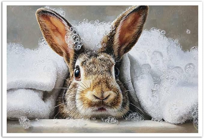 MNFGMH Easter Poster for Wall Cute Bunny Taking a Bath Canvas Print Easter Bathroom Wall Decor for Nursery Kids Room Canvas Roll 24x36 inch
