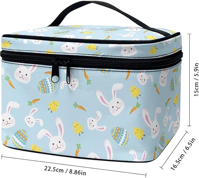 Rabbit Chicken Easter Eggs Carrot Print Travel Makeup Bags for Women Portable Tote Cosmetic Case with Carry Handle Toiletry Accessories Storage Organizer Bags Blue