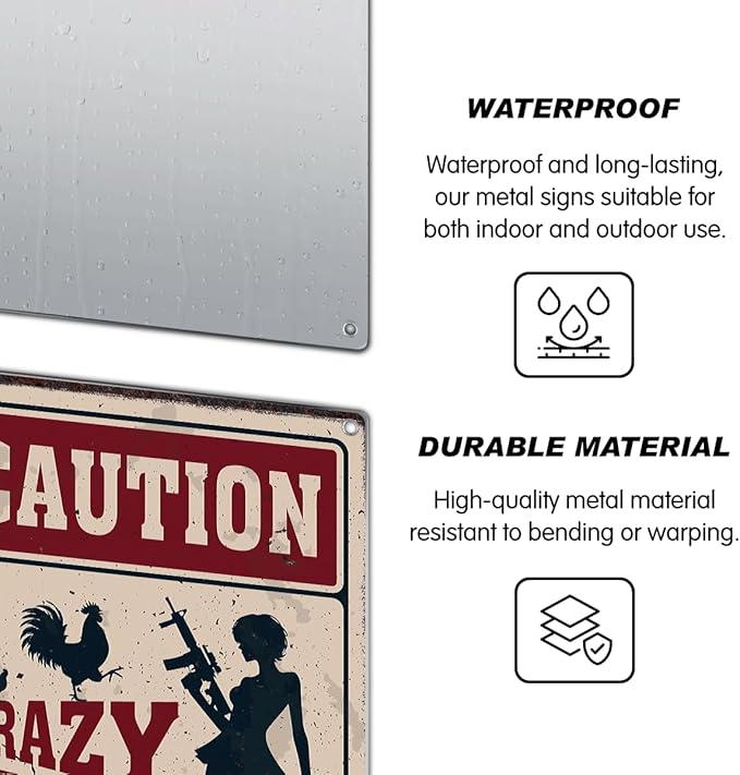 Caution Crazy Chicken Lady Area Patrolled Metal Sign Funny Farm Yard Fence Coop Decor Outdoor Warning Wall For Backyard And Lovers 8 x 12 Inch Vintage Home Metal