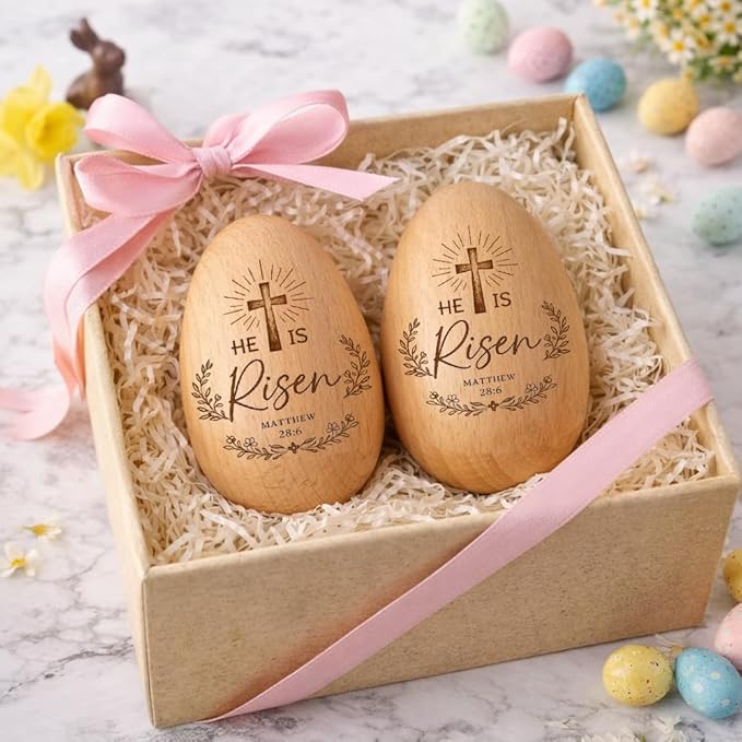 He Is Risen Wooden Egg Decor with Cross – Christian Engraved Wood Egg, Matthew 28:6 Bible Verse Religious Easter Table Decoration, Faith Gift for Christians, Church Spring Basket Display