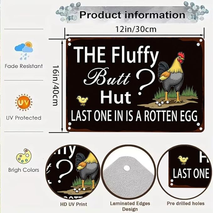 Fluffy Butt Hut Chicken 12x16 Inch Outdoor Decorative Yard Sign with Rooster Hen Chick Design for Farmhouse Patio Lawn Decor