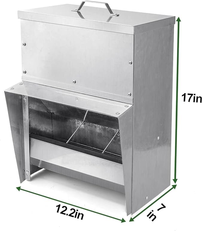 vensovo Galvanized Chicken Feeder - 25Lbs Outdoor Waterproof Metal Feeder with Lid, Coop Food Dispenser No Waste for Chicken, Haning or Stand
