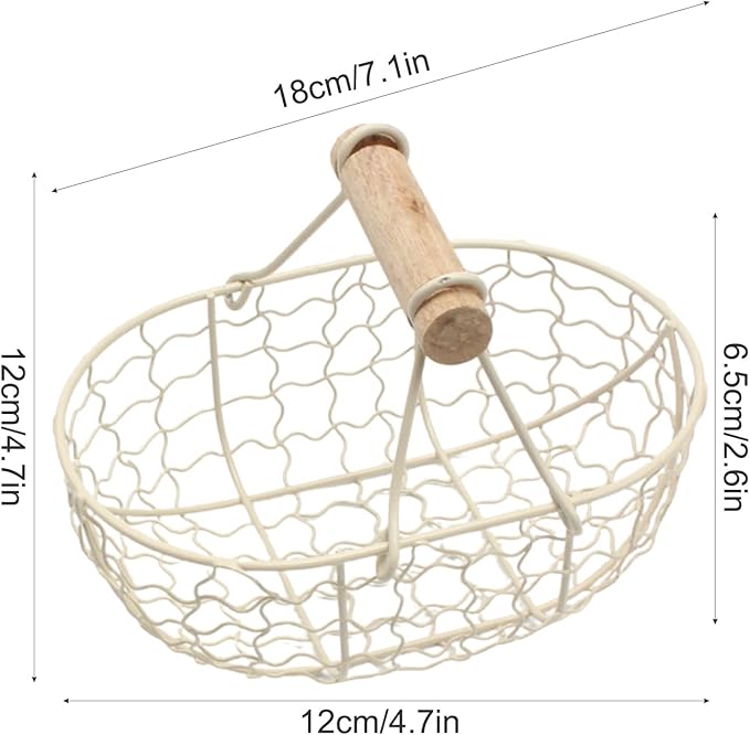 Metal Wire Basket with Wooden Handles Farmhouse Chicken Egg Storage Basket Vintage Country Style Metal Fruit Baskets Gathering Bin Container for Home Kitchen Wedding(Off-white)