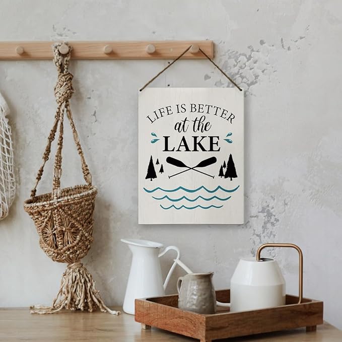 Summer Lake House Decor - Lake House Decor for The Home, Lake Wooden Sign Hanging Decor for LakeHouse Porch Front Door Decor, Life Is Better At The Lake Sign, 8x10 Inch