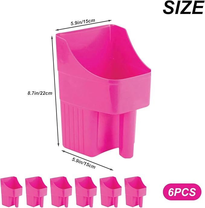 6 Pcs Plastic Enclosed Feed Scoop for Livestock Heavy Duty Grain Scoop 2 Quart Large Stackable for Horse Goat Dog Animal Ranchers Farmers (Pink)
