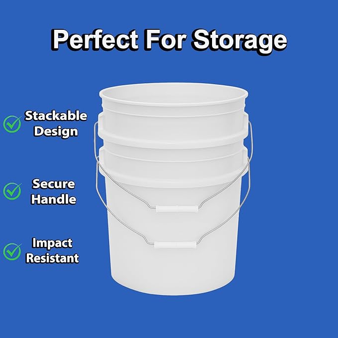 5-Gallon Bucket with Airtight Lid – Made in USA, Food Grade BPA Free Plastic, Heavy Duty Multi-Use, Metal Handle with Grip, Stackable Storage – Natural, 1 Pack